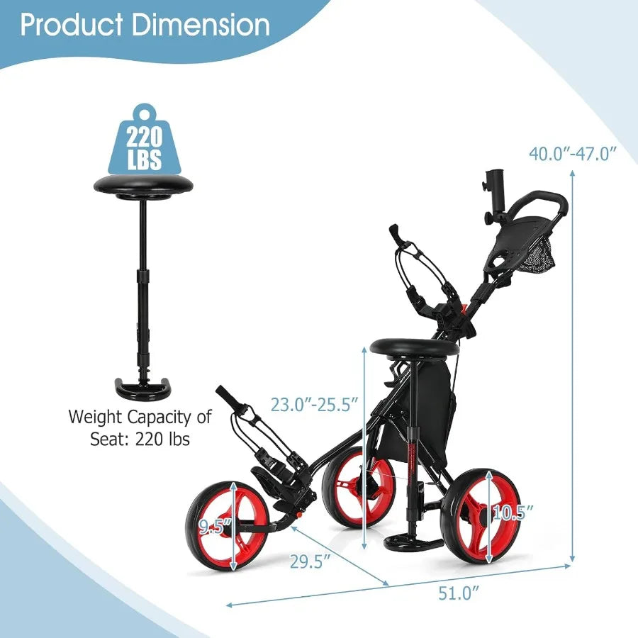 Lightweight Folding 3Wheel Golf Push Cart with Seat and Storage Bag for Easy Transport Featuring Foot Brake Adjustable Umbrella
