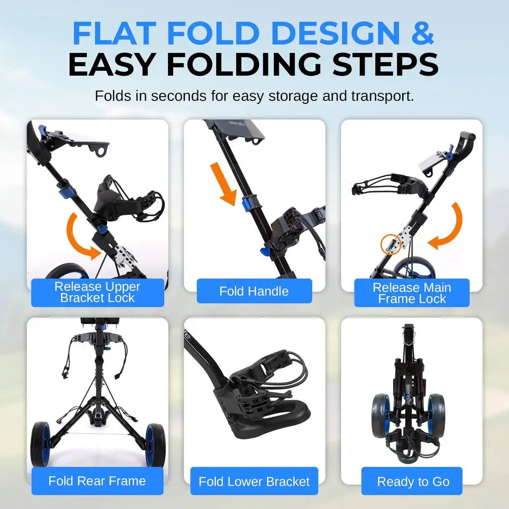 Lightweight Folding Golf Trolley with Adjustable Brackets and Elastic Strap for Bag Storage