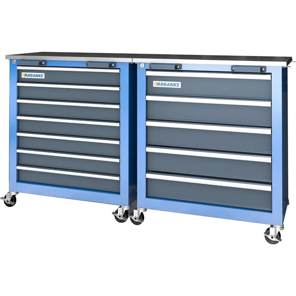 Combined Tool Cabinet and Tool Box, 7+5 Drawer Tool Box, Connectable, with 360 Degree Brake Wheels and Padded Feet, Blue
