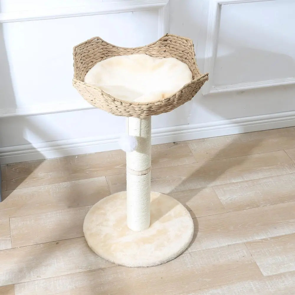 Large Cat Tower with 17.7 Rattan Basket, Handwoven Bed, Window Perch for Cats up to 25lbs