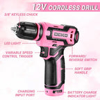 Pink Tool Kit Box with 12V Cordless Drill, Hand Repair Tools Sets Combo for Men & Women