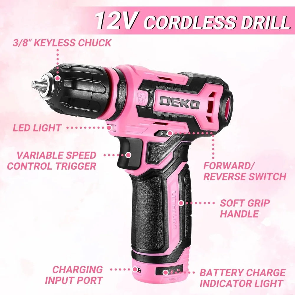 Pink Tool Kit Box with 12V Cordless Drill, Hand Repair Tools Sets Combo for Men & Women