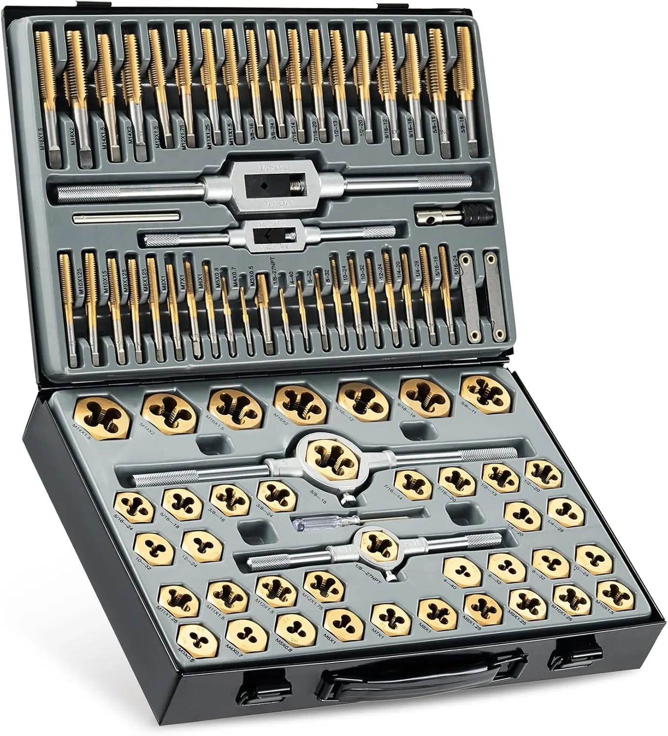 86pc Tap and Die Set in SAE and Metric, Titanium Coated Steel Tap Set and Die Tool Set for Homeowners Mechanics Craftsmen Metric