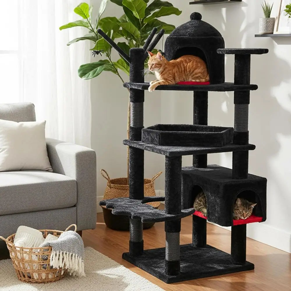 Large 63 Gothic-Style Cat Tower with Coffin Bed, Cat Houses, Scratching Posts for Cats Over 20 lbs, Black & Red