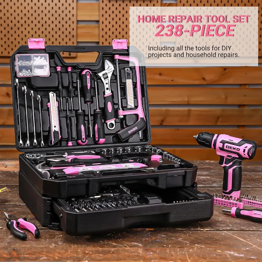 Pink Tool Kit Box with 12V Cordless Drill, Hand Repair Tools Sets Combo for Men & Women