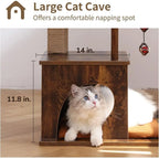 Large 4-in-1 Modern Cat Tower with Jute Scratching Post, Hammock, and Silvervine Balls, Brown Wood Cat Condo for Indoor Playhous