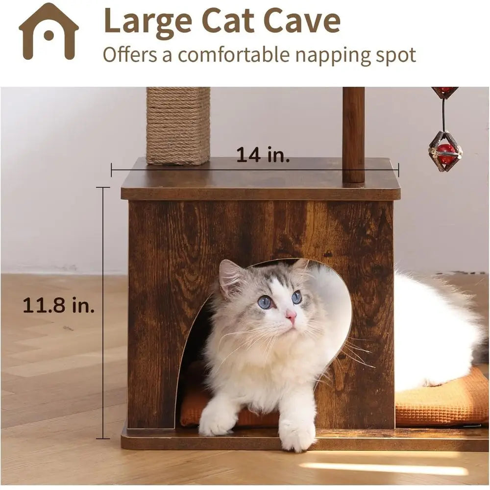 Large 4-in-1 Modern Cat Tower with Jute Scratching Post, Hammock, and Silvervine Balls, Brown Wood Cat Condo for Indoor Playhous