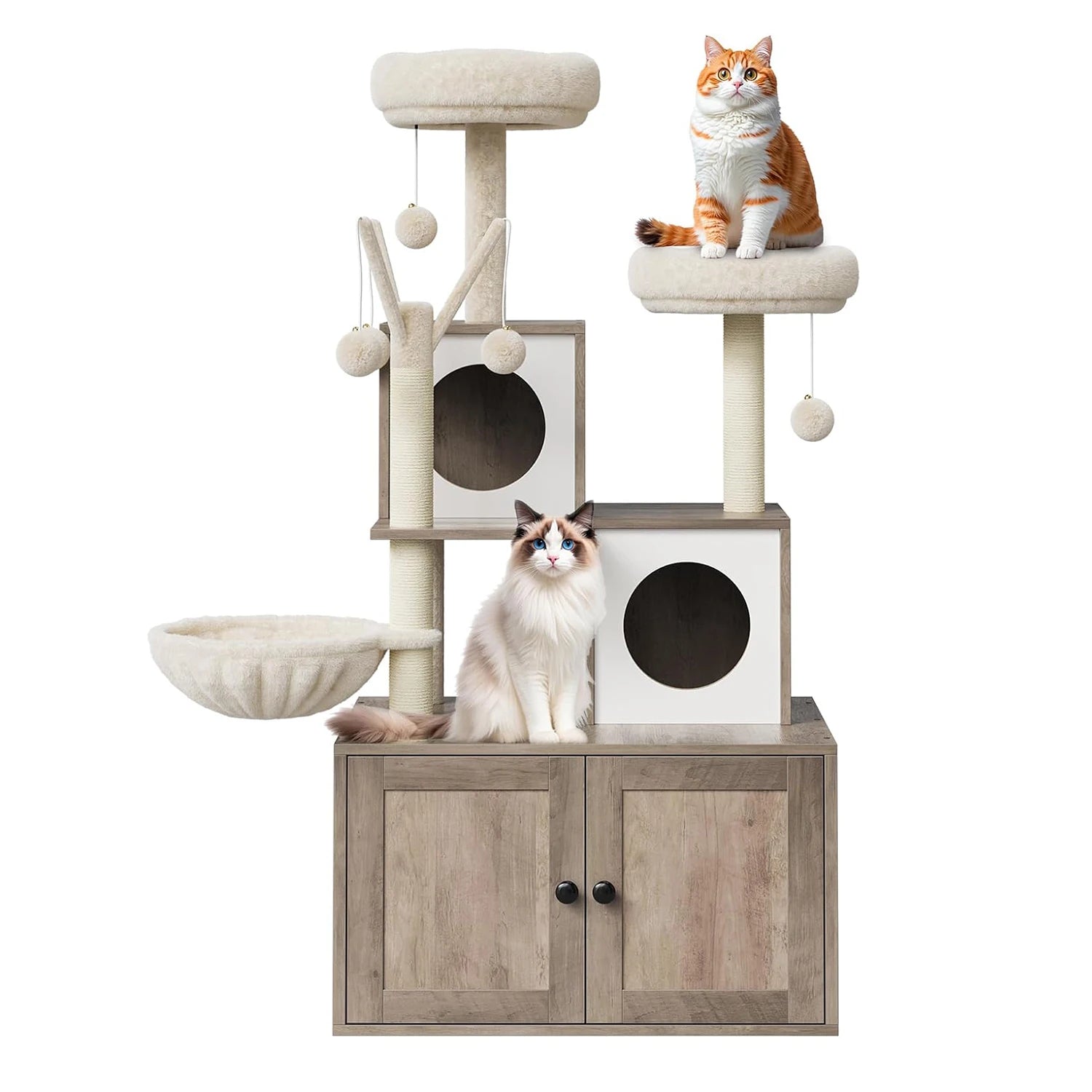 Cat Tree with Litter Box Enclosure,Cat Tower for Indoor Cats Wood Cat Condo with Scratching Post,Dangling Balls,Cat Backet Perch