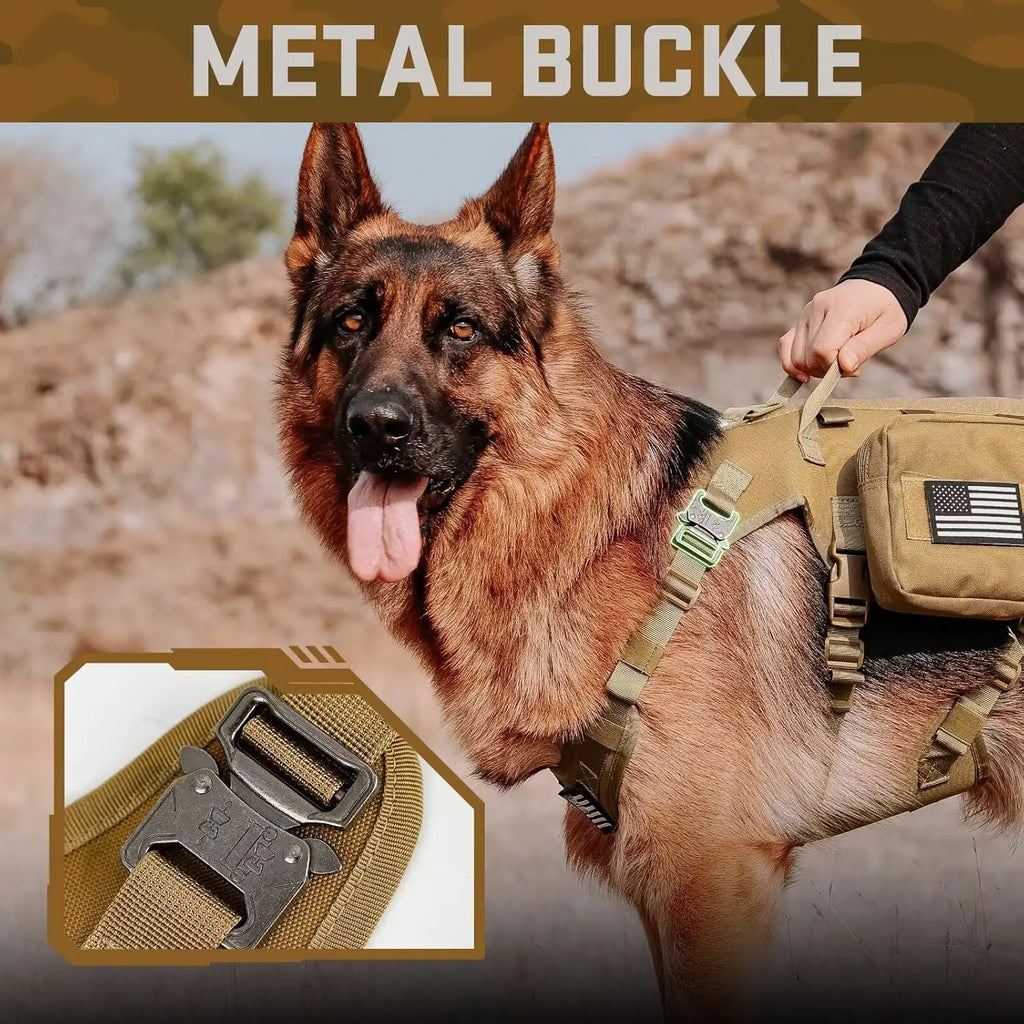 Tactical Dog Harness Set with Bungee Leash, Adjustable for Medium to Large Dogs, No Pull Control, Khaki Color