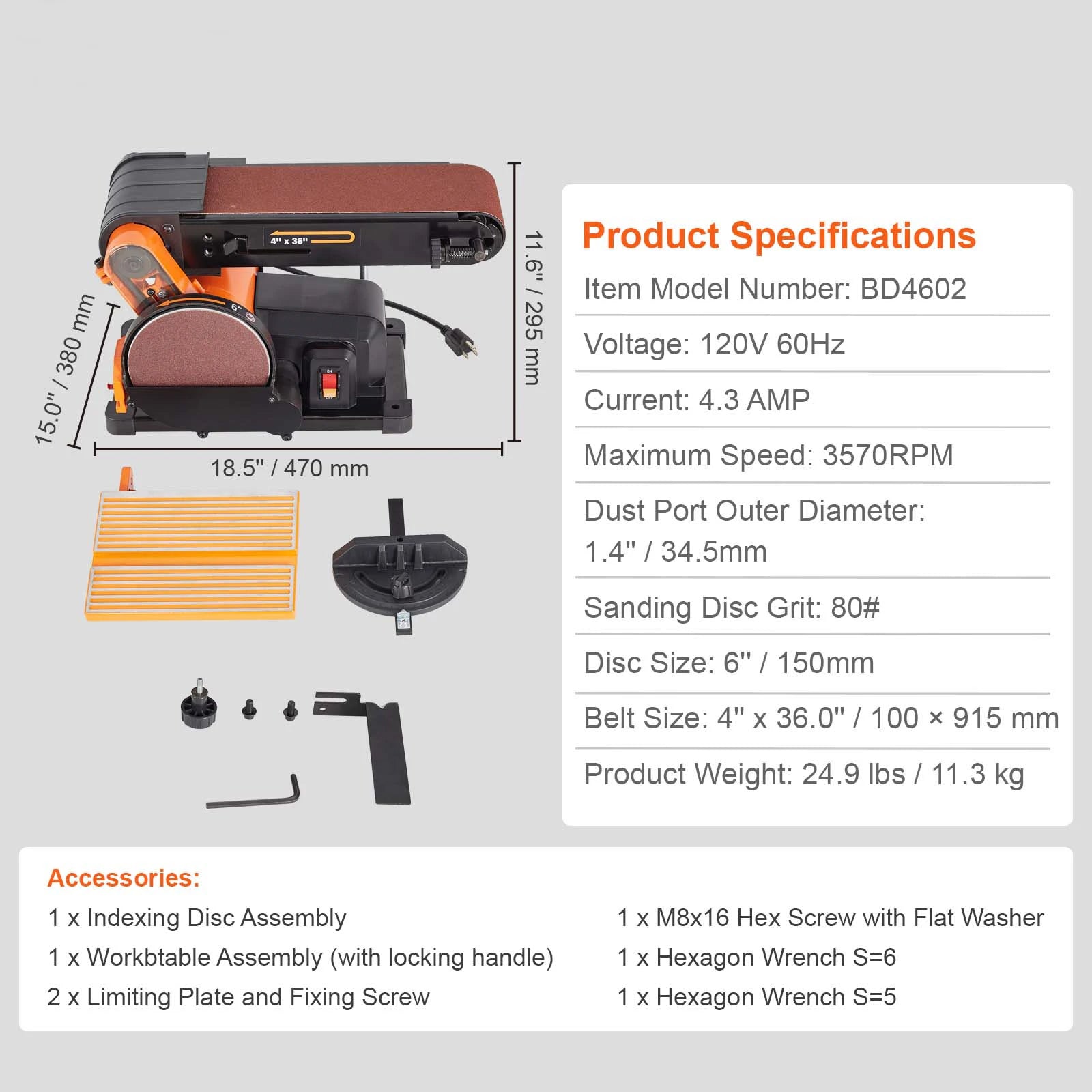 SucceBuy Belt Disc Sander Combo with 5A/4.3A/2.5A Induction Motor Belt Sanding Machine Woodworking Deburring Grinder Combo Bench