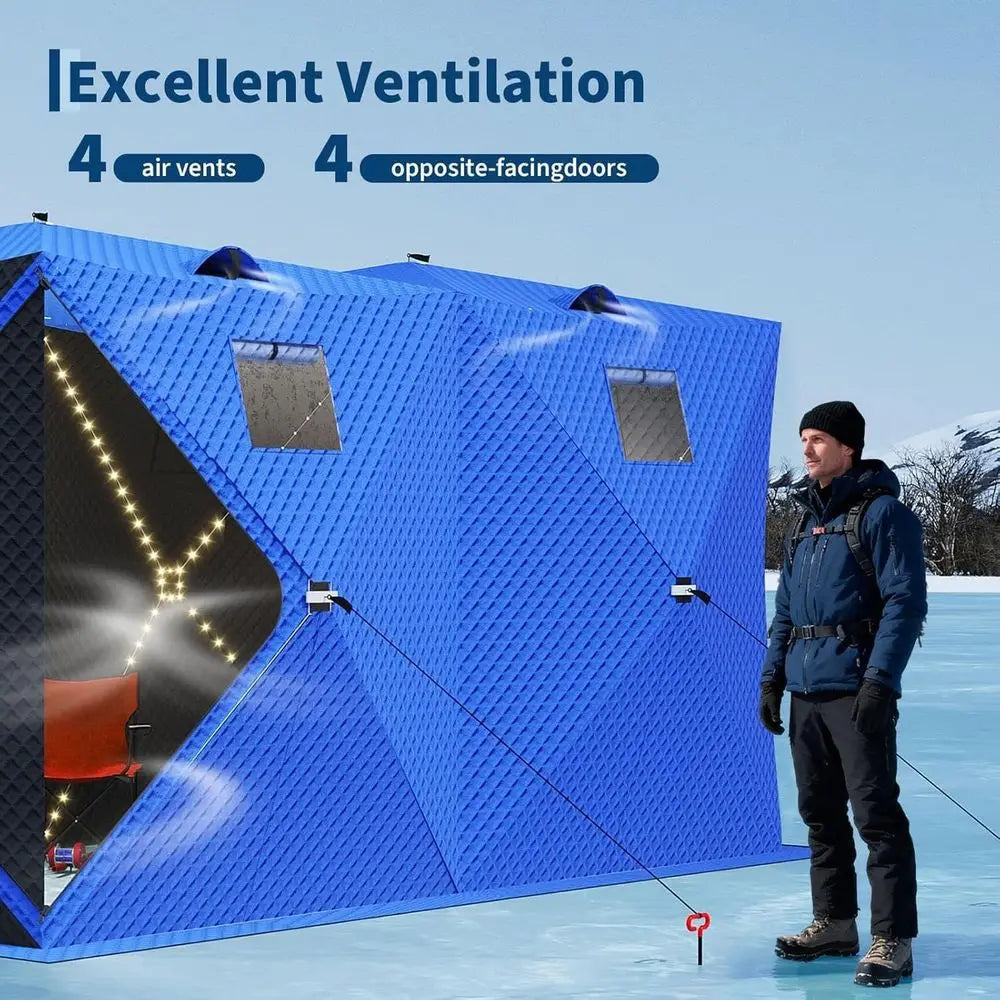 4-8 Person Insulated Ice Fishing Tent with 49 LED Light, Waterproof & Portable with 2 Doors, Anchors, Ropes & Carry Bag