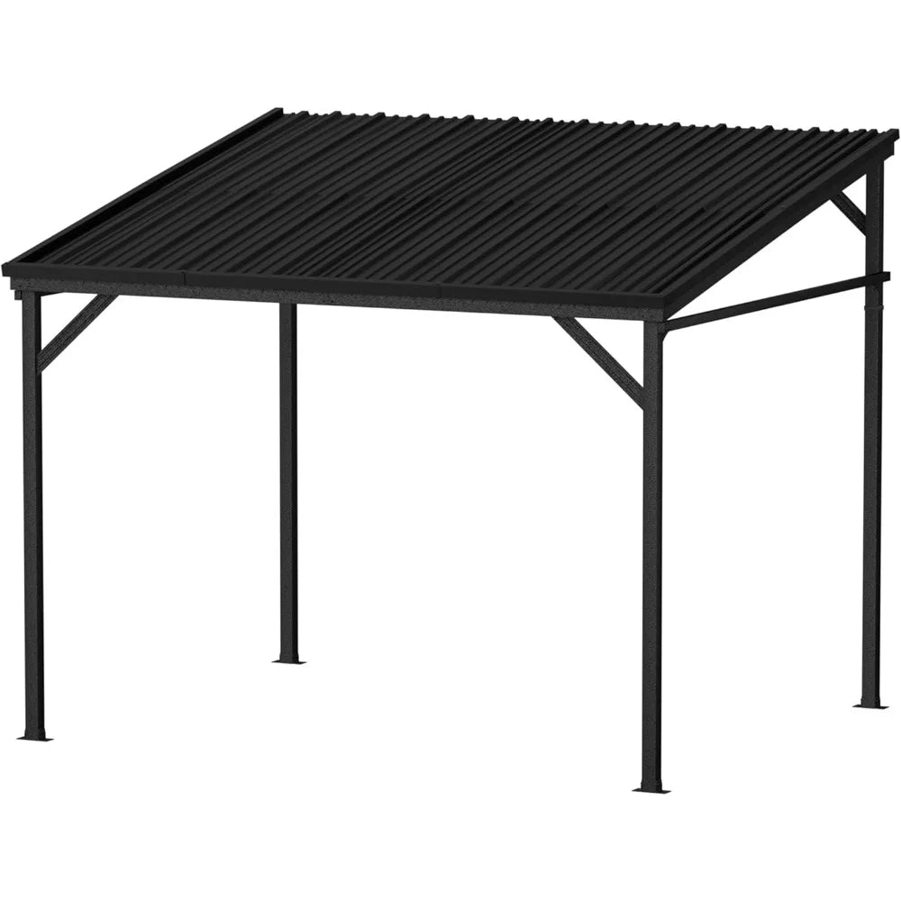 8x10 FT Wall-Mounted Lean-to Gazebo, Iron Roof Outdoor Pergola with Drainage System & Triangle Structure, Outdoor Patio Lean-to