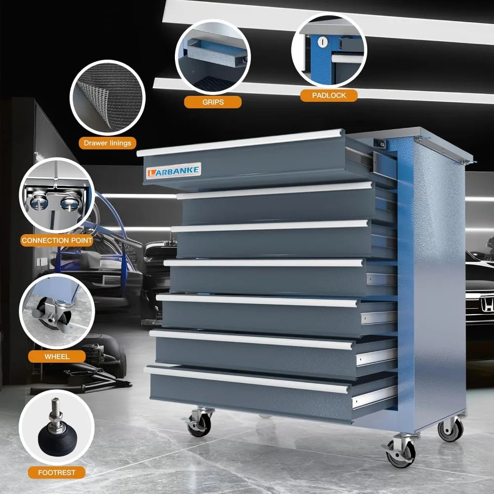 Combined Tool Cabinet and Tool Box, 7+5 Drawer Tool Box, Connectable, with 360 Degree Brake Wheels and Padded Feet, Blue