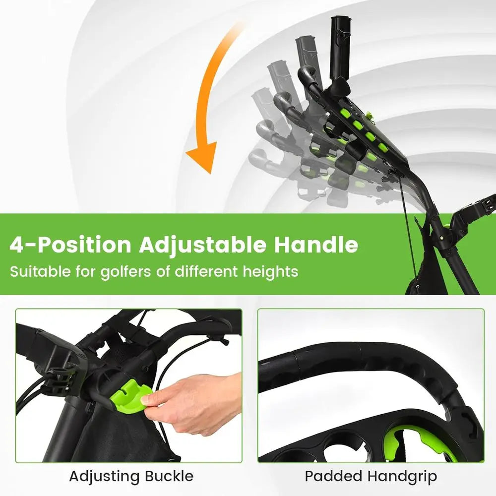 Compact Folding Golf Trolley with Scorecard Holder, Cup, Umbrella, and Bag Support, Cooler Bag, Elastic Strap, Foot Brake, Adjus