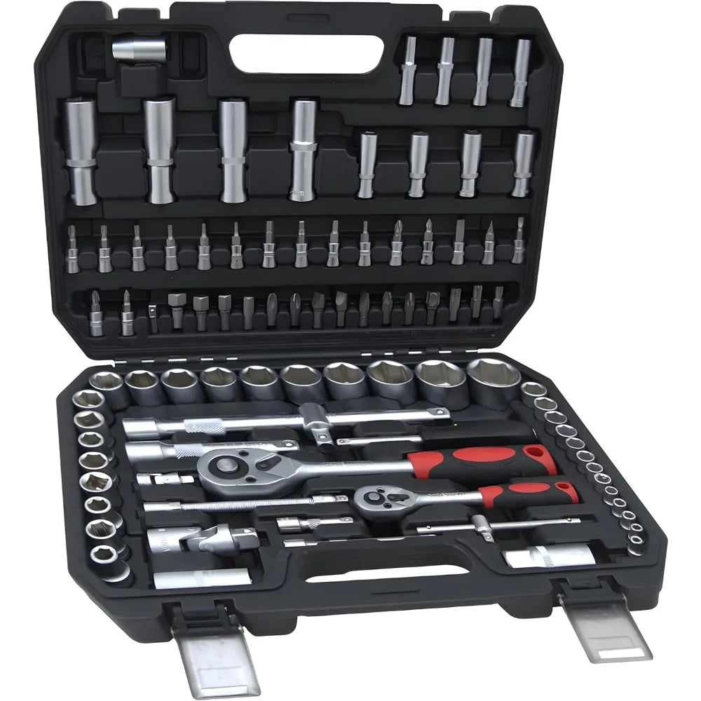 Hand tools, Mechanics Tool Set 94pcs Socket Set wih Case, 1/4 & 1/2 Drive, Versatile and Durable Tool Kit for Auto & Motorcycle