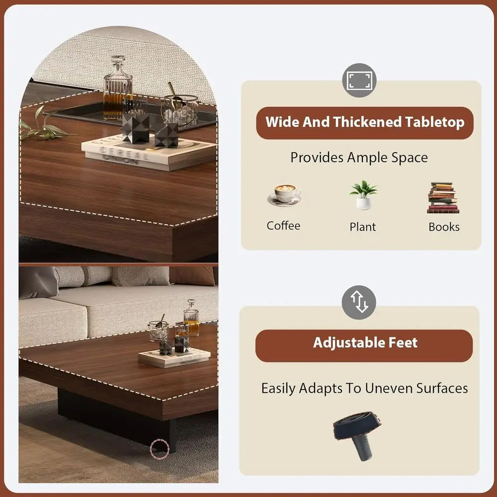 Walnut Modern Farmhouse Coffee Table, Large Square Living Room, Adjustable Feet, 31.5x19.7x17.7