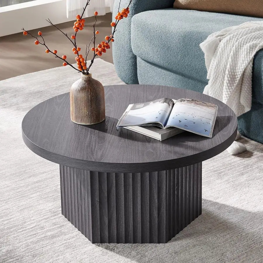 Round Coffee Table for Living Room, Mid Century Modern Fluted Center Coffee Table with Storage, 32 Circle Accent Tea Dining Tabl