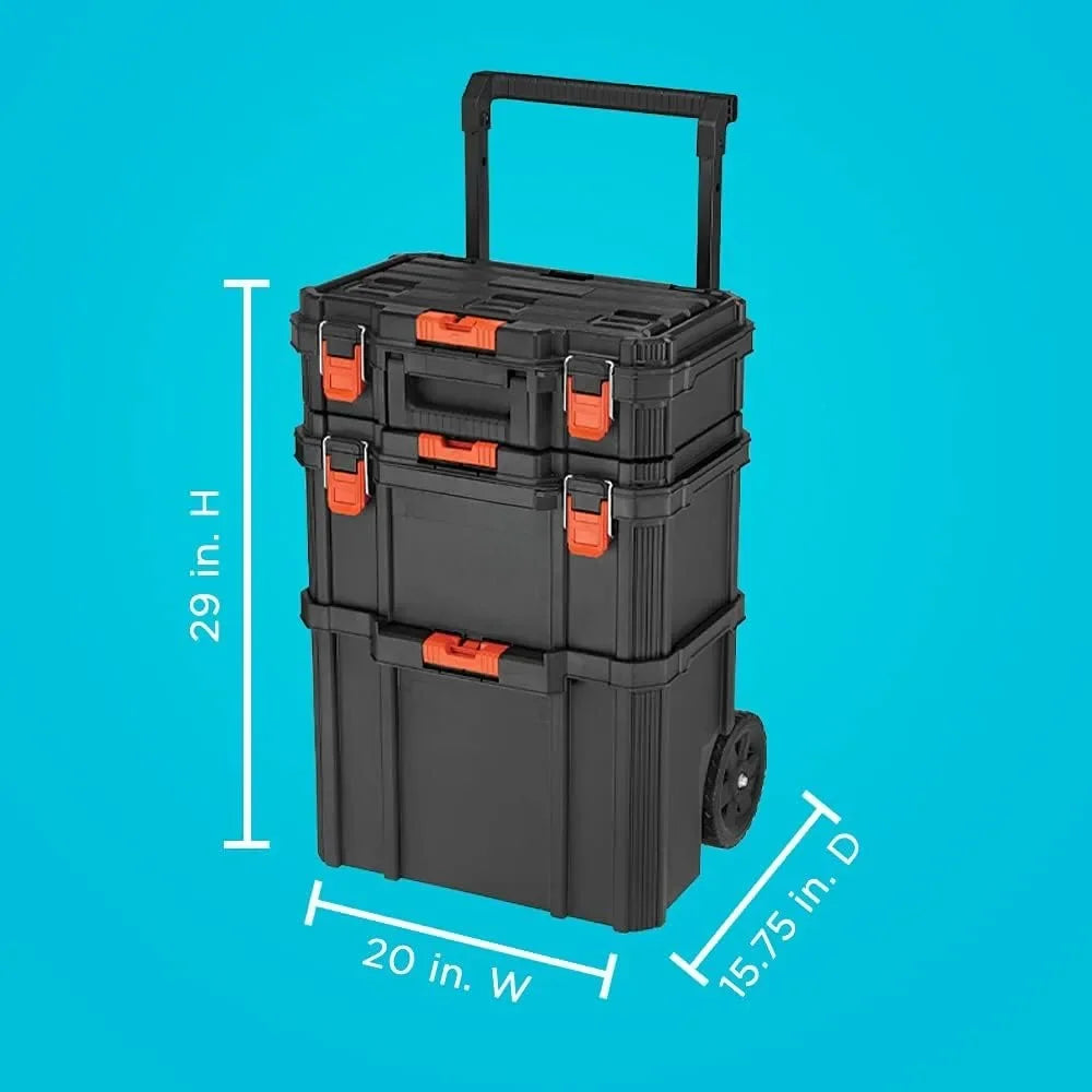 Tool Box Stackable Storage System - 3 Piece Set Small Deep Toolbox and Rolling Tote Steer Wheeled Unit Using The Ergonomic