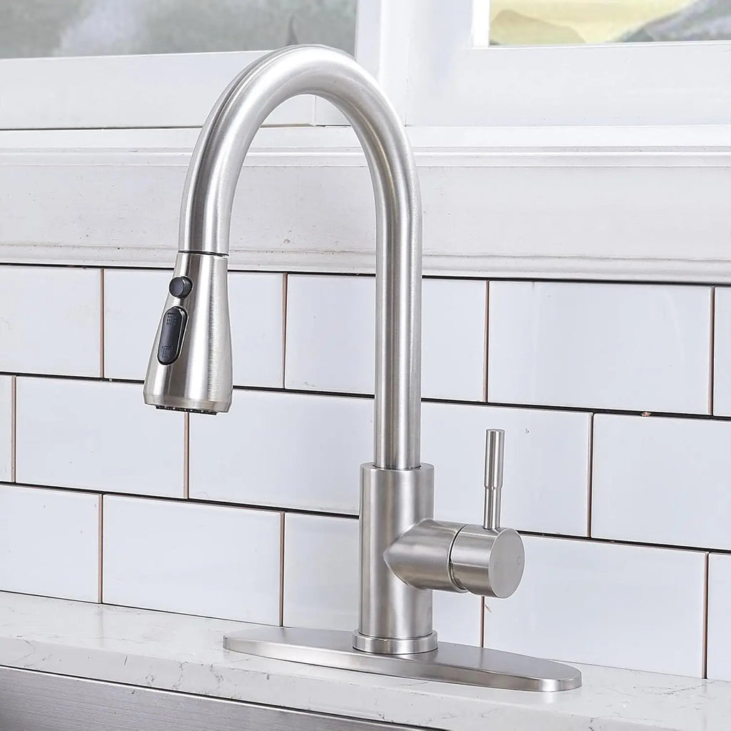 VCCUCINE Brushed Nickel Pull-Down Kitchen Faucet, Single Handle, Stainless Steel, High Arc, RV Compatible