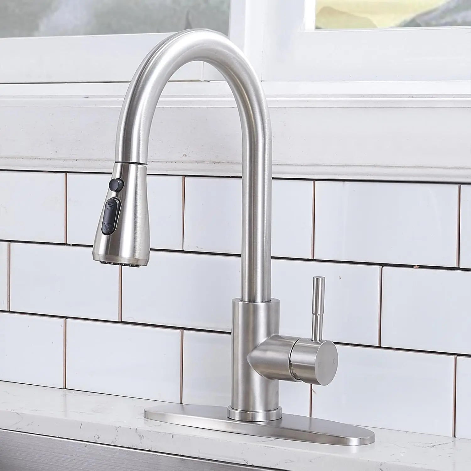 VCCUCINE Brushed Nickel Pull-Down Kitchen Faucet, Single Handle, Stainless Steel, High Arc, RV Compatible