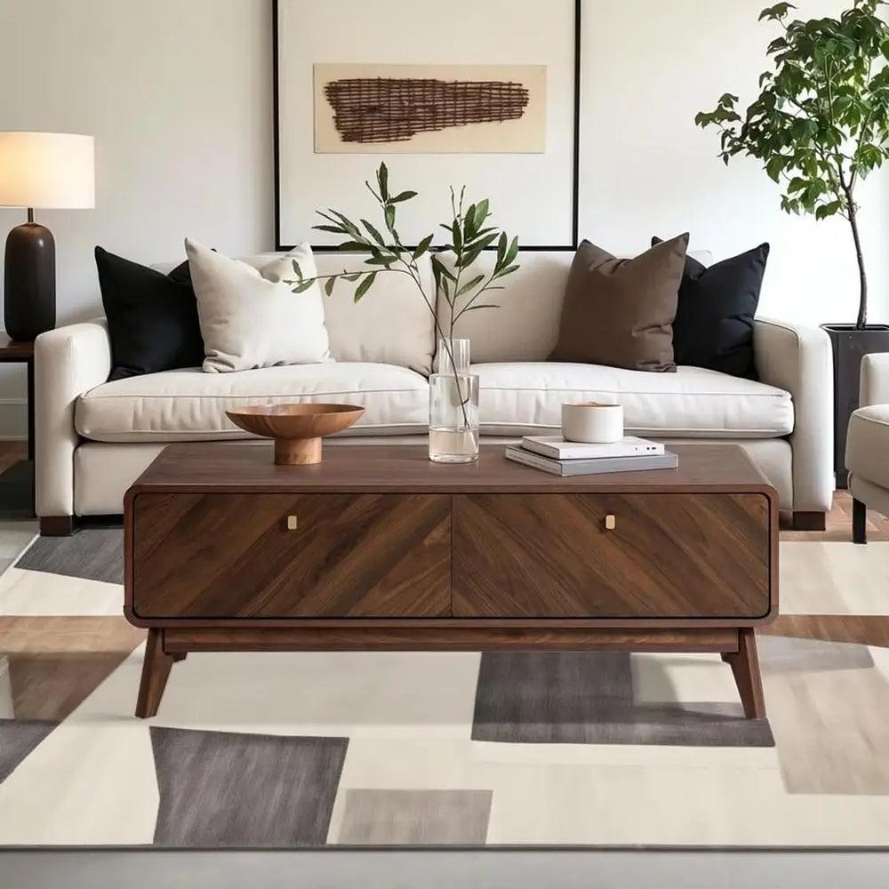 47 Century Modern Coffee Table with Storage, Live Edge Wood Center Table for Living Room