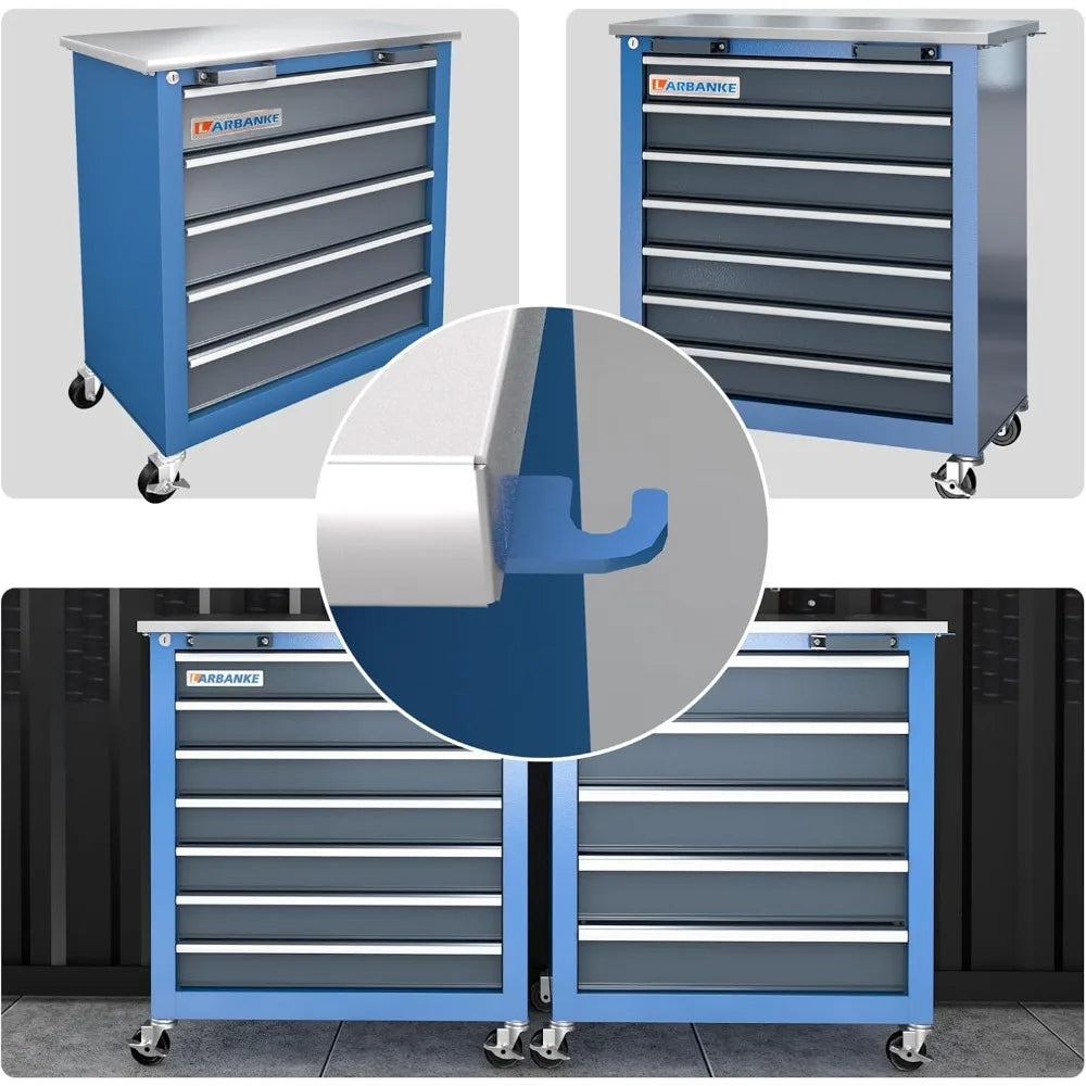 Combined Tool Cabinet and Tool Box, 7+5 Drawer Tool Box, Connectable, with 360 Degree Brake Wheels and Padded Feet, Blue