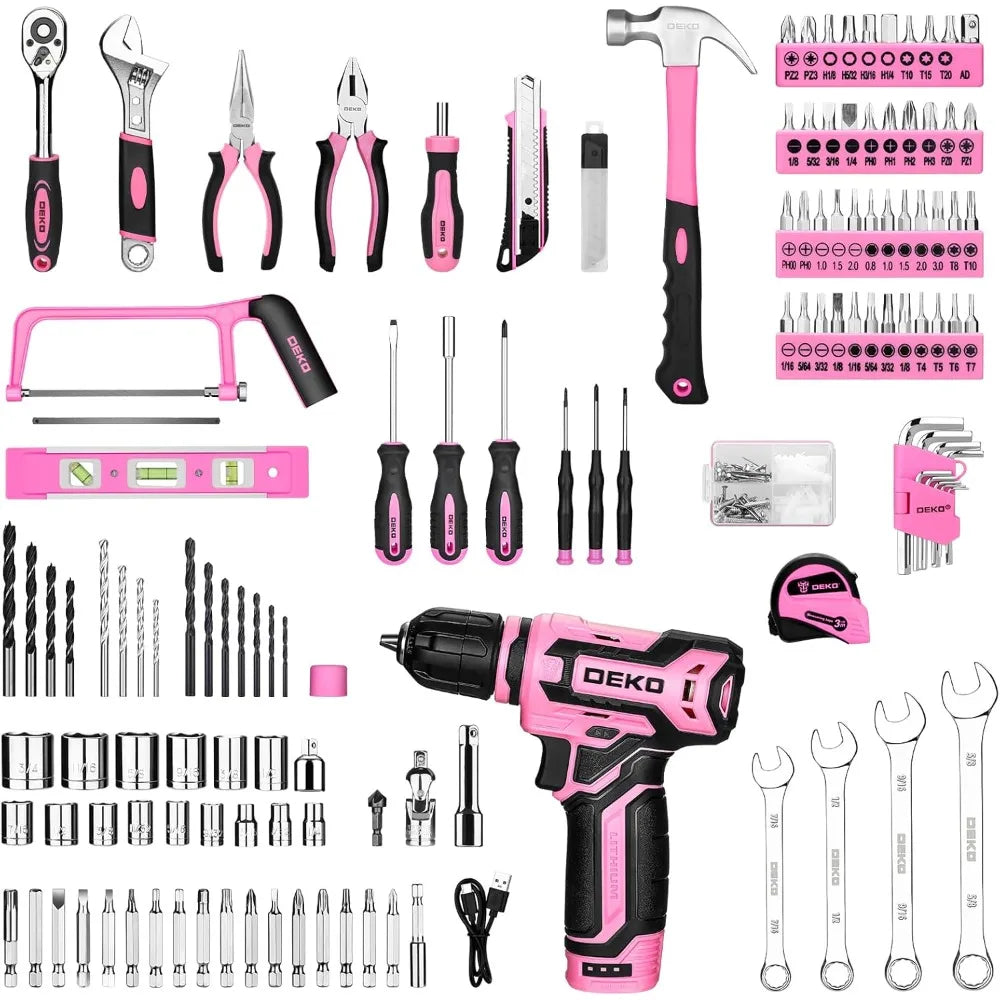 Pink Tool Kit Box with 12V Cordless Drill, Hand Repair Tools Sets Combo for Men & Women