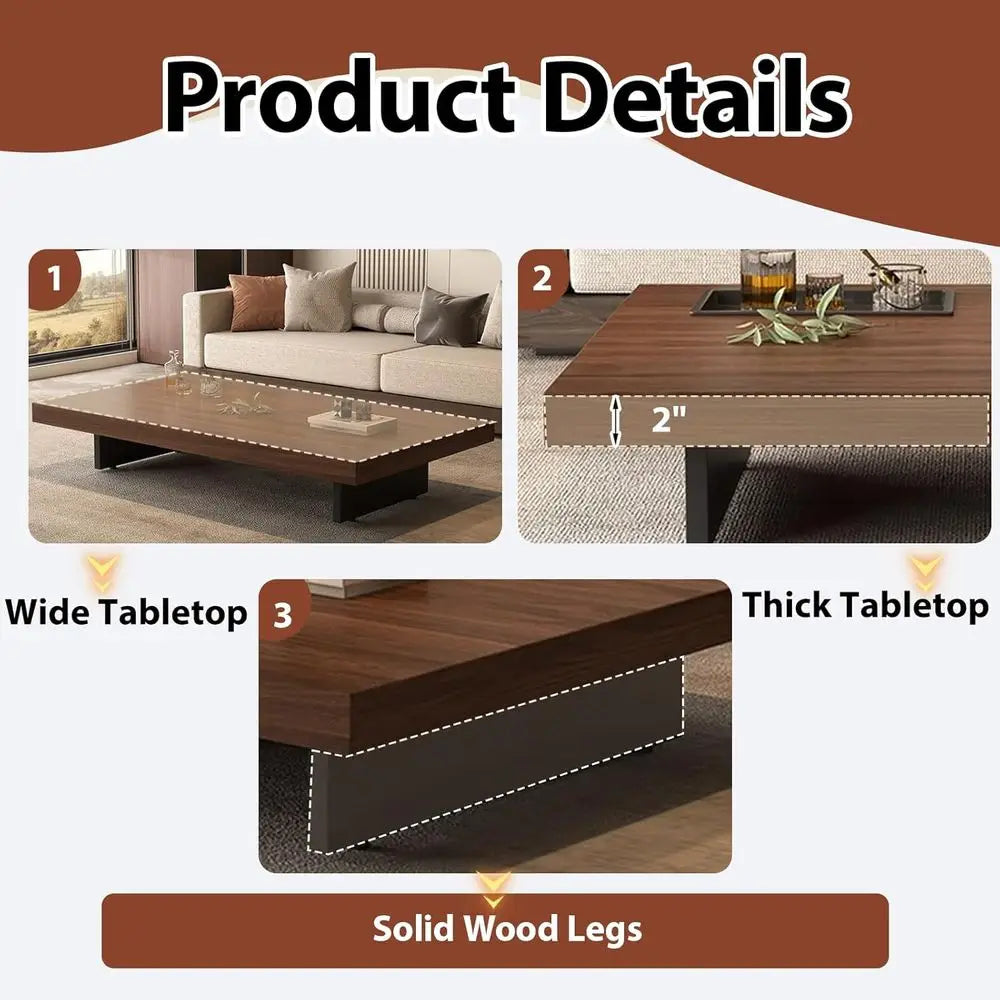 Walnut Modern Farmhouse Coffee Table, Large Square Living Room, Adjustable Feet, 31.5x19.7x17.7