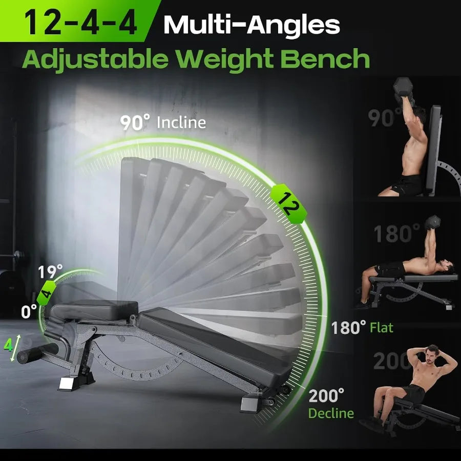 Adjustable Weight Bench with 12x4x4 Positions, 1200LB Heavy Duty Workout Bench for Home Gym, Commercial Incline-Flat-Decline Ben