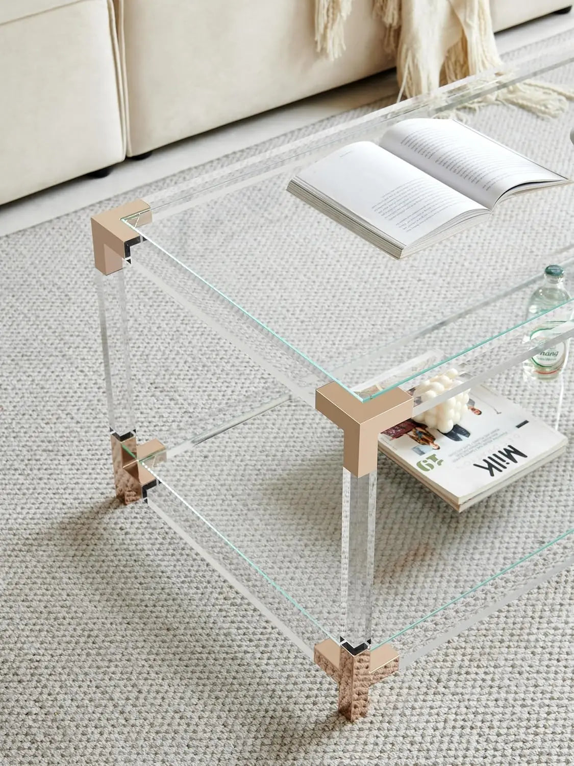 Modern Double Layer Glass Coffee Table for Living Room, Clear Top with Rose Gold Frame, L41xW21xH16