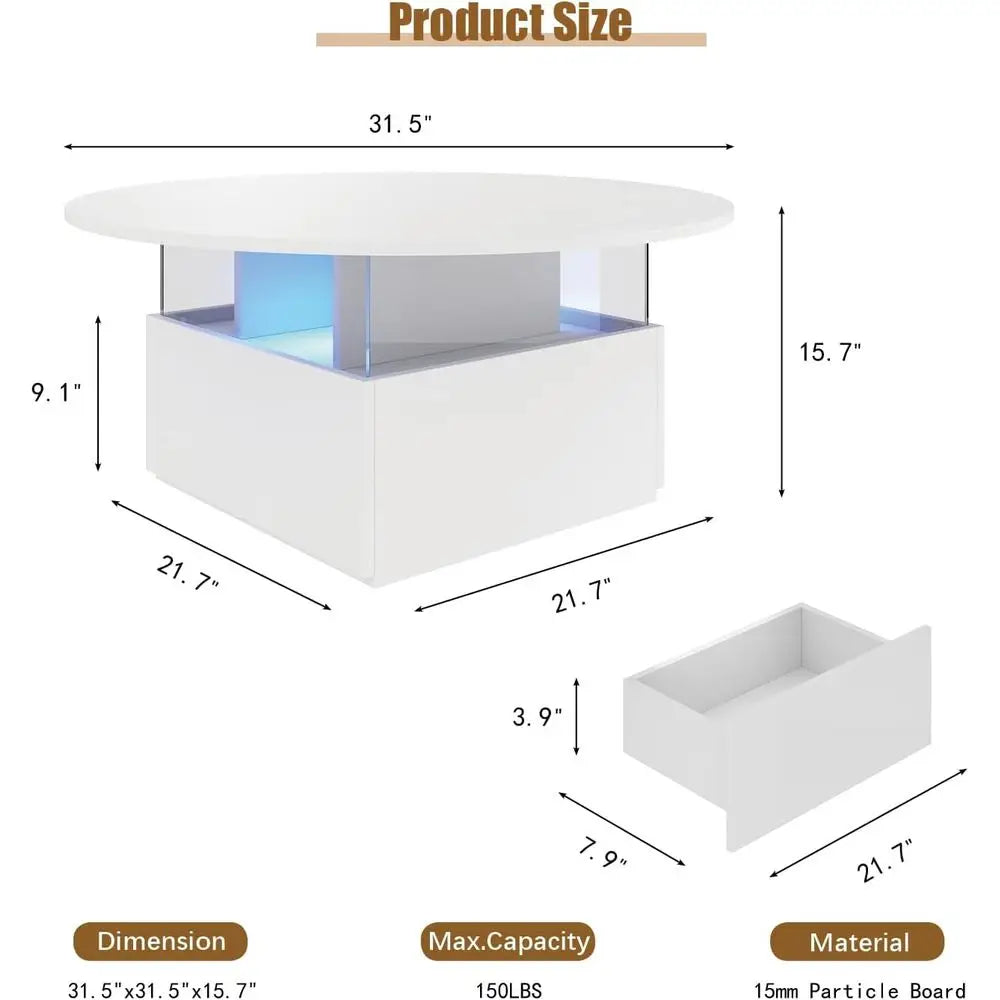 Round LED-Illuminated Living Room Table with Storage, Square Acrylic Coffee Table on Casters, Wooden Centerpiece for Dining in W