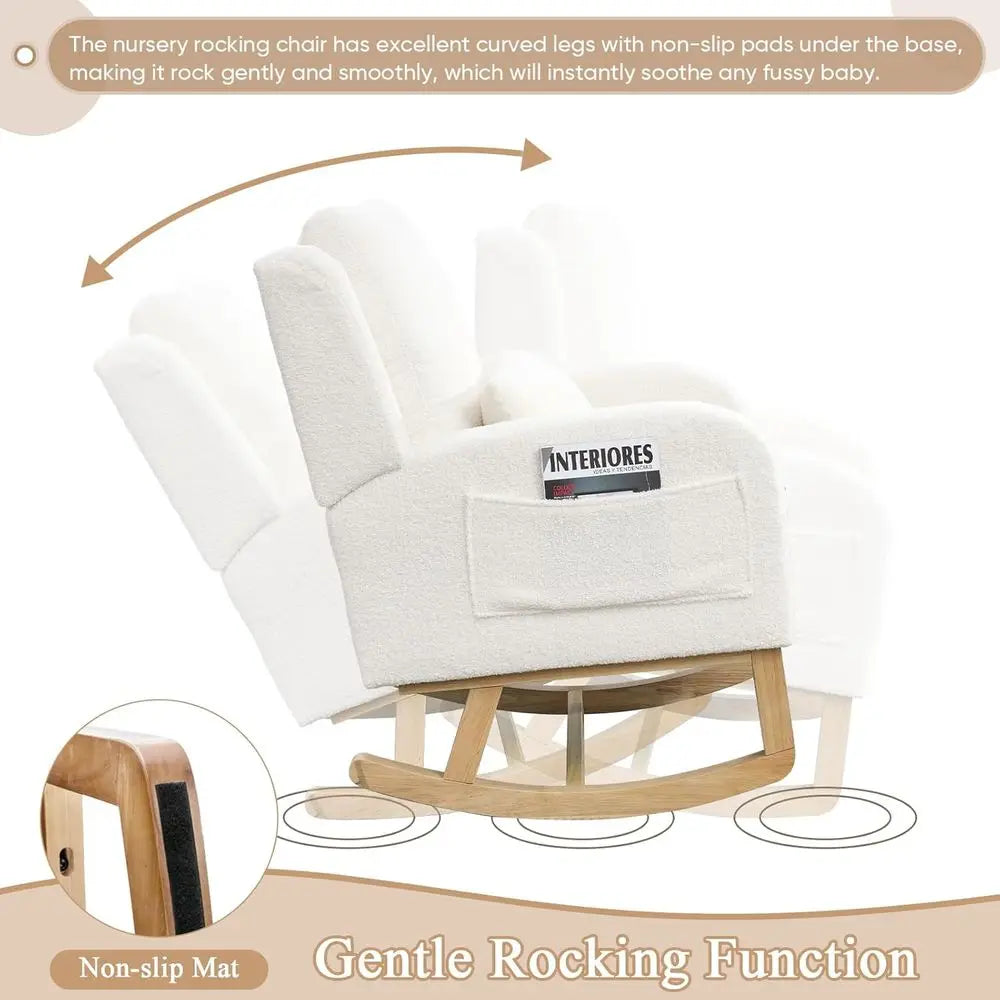 Rocking Glider Chair for Nursery, Wingback Accent Rocker Chair Upholstered Tall Back Arm Chair w/Side Pockets, Modern Leisure Si