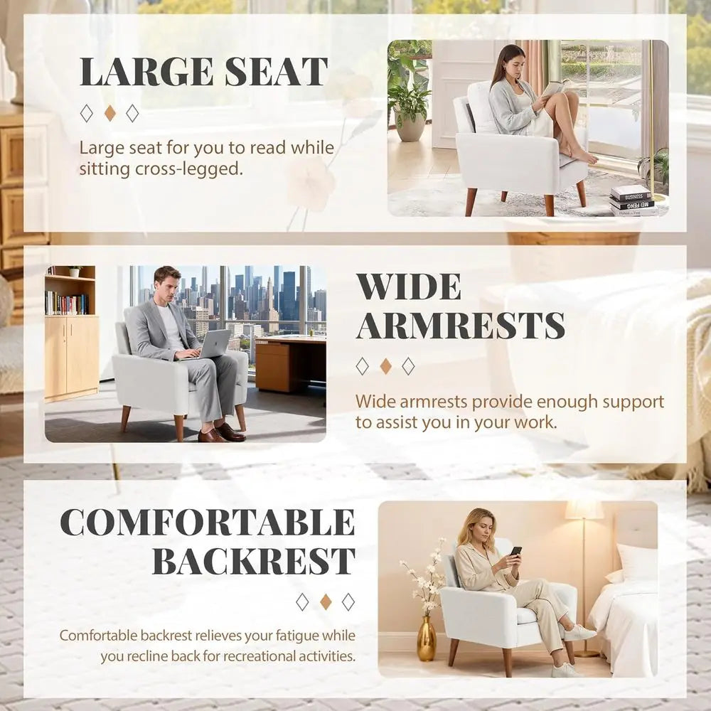 Accent Chair, -Century ern Upholstered Armchair, Comy Reading Soa Chair or Living Room, Bedroom, Aparent, White