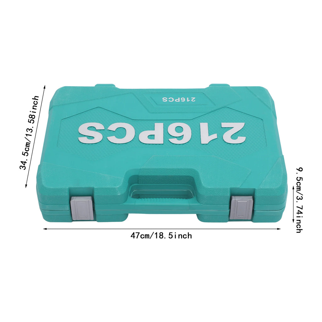 Socket Spanner Set, Drive Socket Set, 216-Piece Ratchet Box Set with Green Case, Chrome Vanadium Steel Tool Kit for Automotive