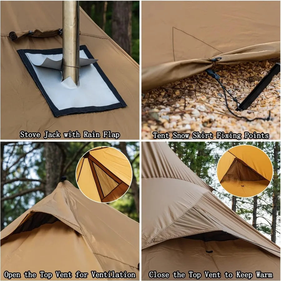 Camping Hot Tent 4-8 Person Tipi Tent with Stove Jack for Bushcraft Cooking and Heating