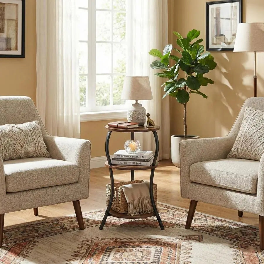 Small Round Side Table, 3Tier Slim Waist Circular End Table with Storage Shelf, Compact Tea Sofa Table, Round Corner Coffee Tabl