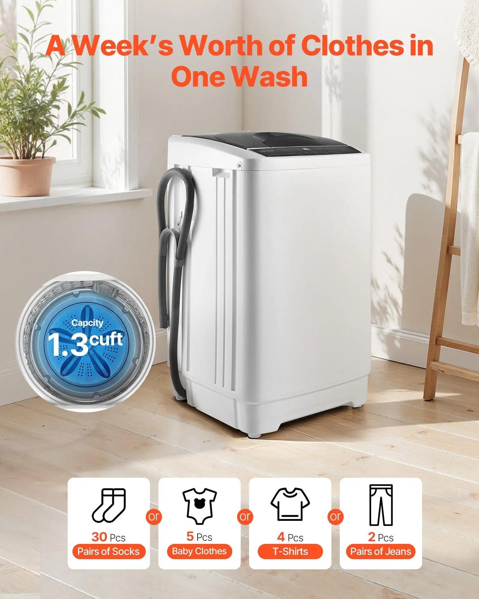 Portable Top-Load Washer 1.3cu.ft, 8 Modes, 6 Levels, LED Display, Stainless Tub, 9.92lbs Capacity