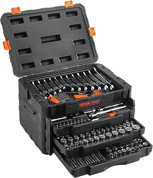 VEVOR Mechanics Tool Set and Socket Set, 1/4 3/8 1/2 Drive Deep and Standard Sockets, 450 Pcs SAE and Metric Mechanic Tool Kit w