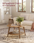 Round Coffee Table with Storage, 2-Tier Design, Tapered Legs, Easy Assembly for Living Room in Honey Brown