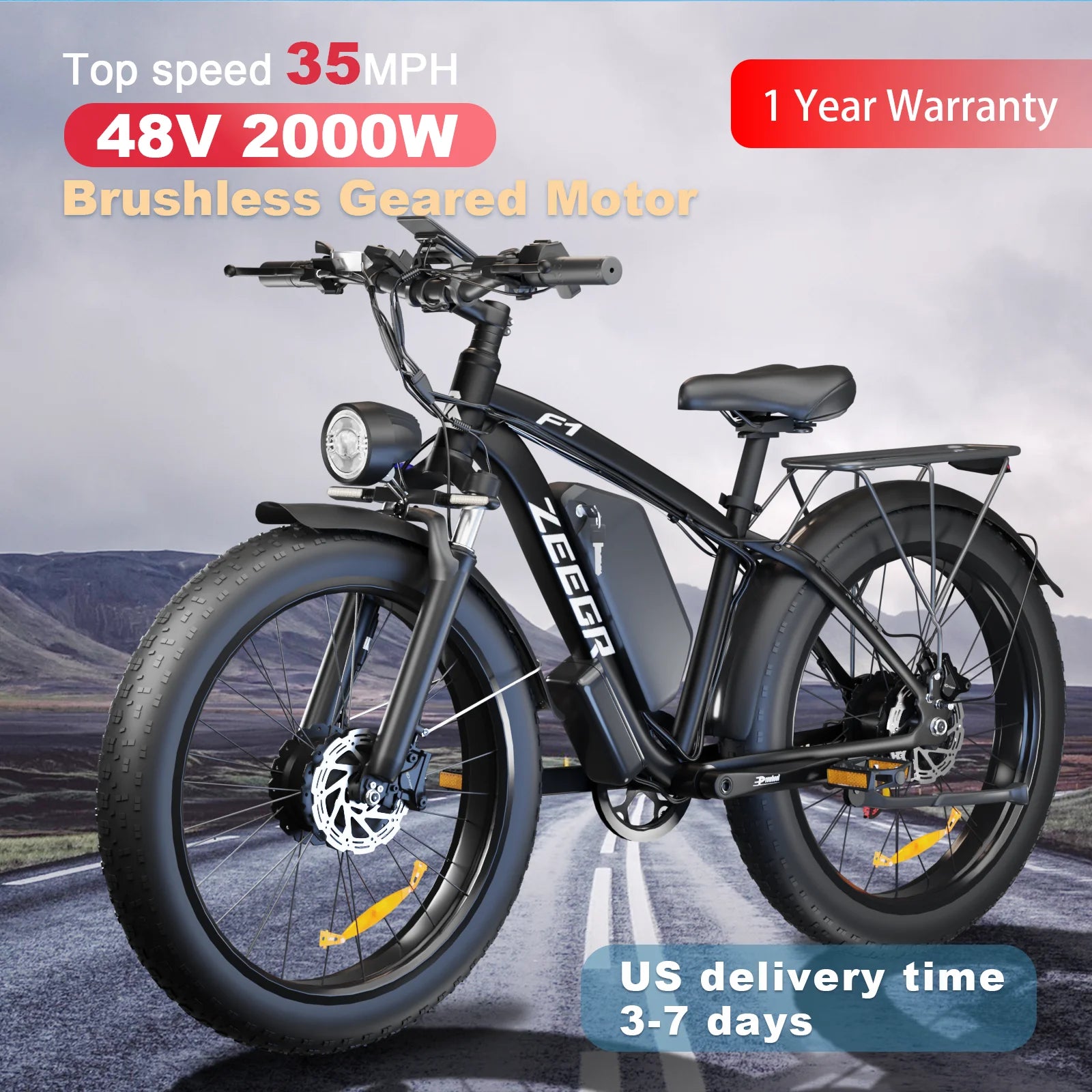 ZEEGR F1 Dual Motor 2000W E-Bike - 48V 26" Fat Tire Electric Bike Full Suspension, CE Certified Perfect for Snow Beach Winter