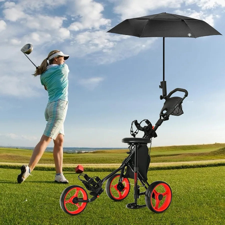 Foldable 3Wheel Height Adjustable Lightweight Golf Caddy Cart with Umbrella Holder Hydraulic Seat Storage Bag Cup Holder for Ea