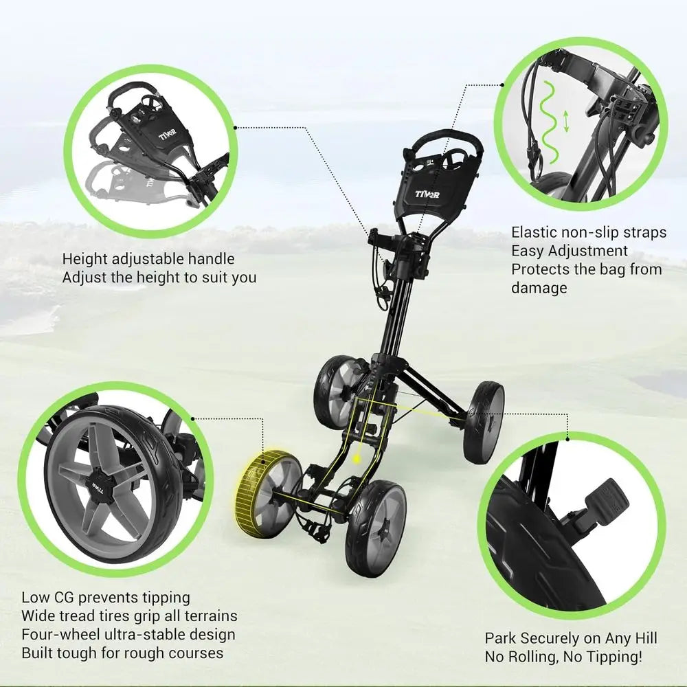 Foldable 4-Wheel Golf Trolley with Adjustable Handle, Scorecard Holder, Umbrella Mount, Foot Brake, All-Terrain Wheels for Adult