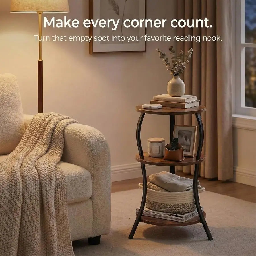 Small Round Side Table, 3Tier Slim Waist Circular End Table with Storage Shelf, Compact Tea Sofa Table, Round Corner Coffee Tabl