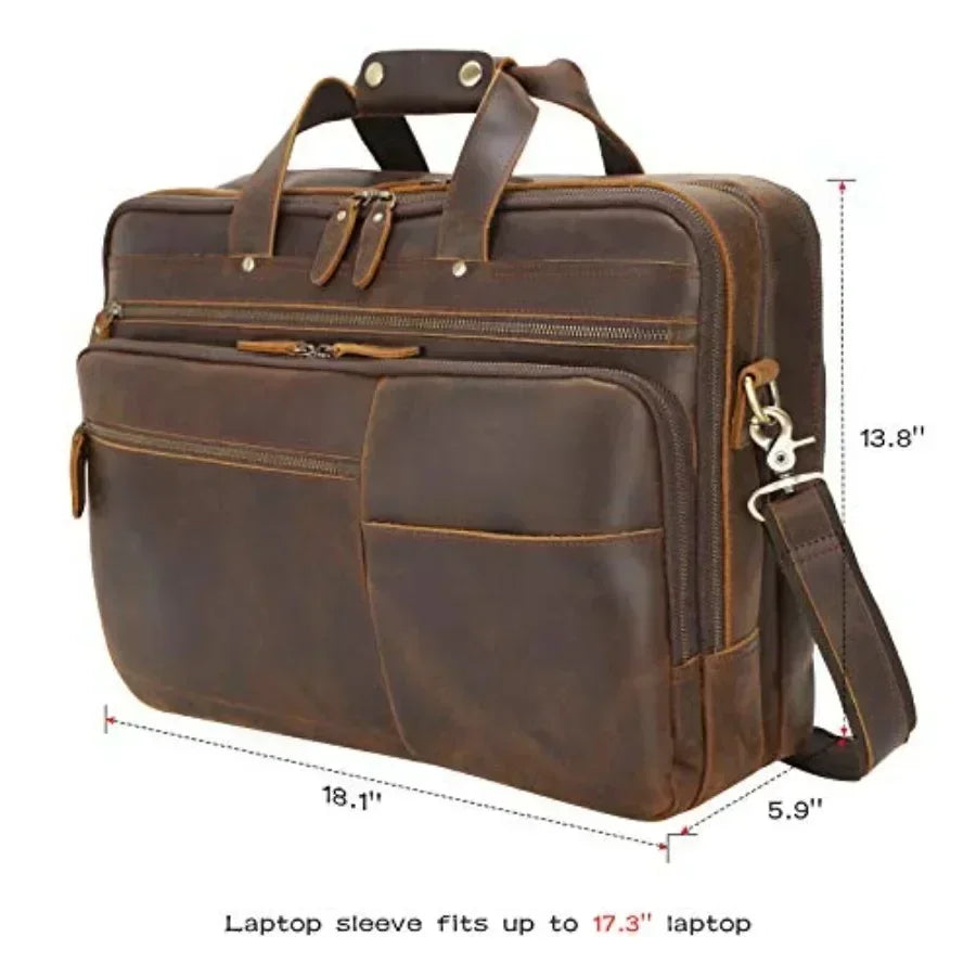 Polare X-Large 18" Full Grain Leather Briefcase For Men Business Travel Case Messenger Bag Fits 17.3" Laptop