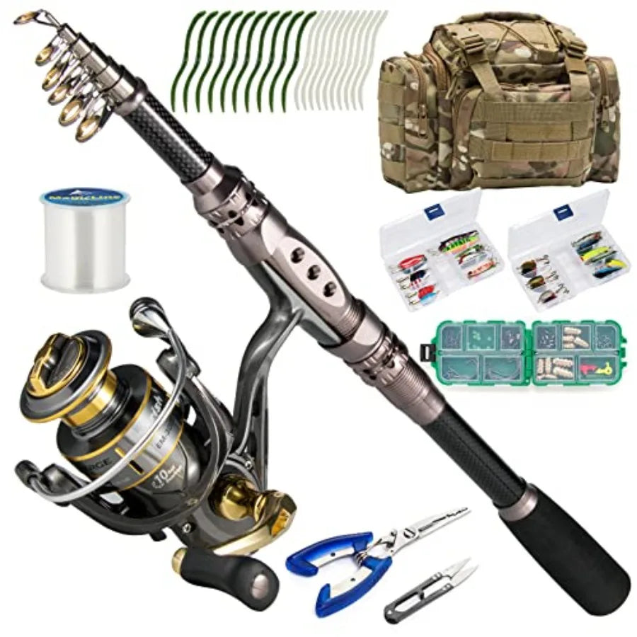 Fishing Rod and Reel Combos 125-Pieces Telescopic Spinning Pole Reel Gear Equipment Set with Tackle Bag for Adult Collapsible Tr