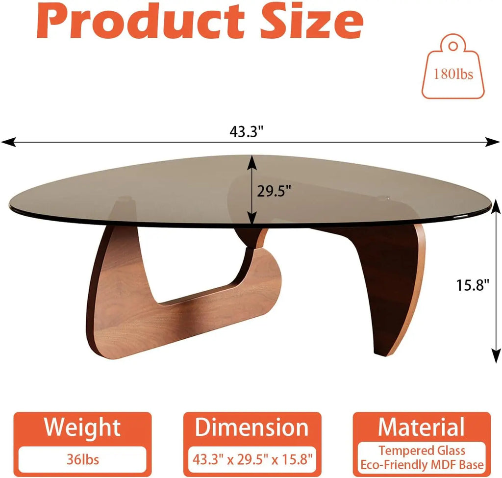 Modern Triangle Coffee Table for Living Room, Small Spaces, Tempered Glass Top & Eco-Friendly MDF Base, Walnut Finish