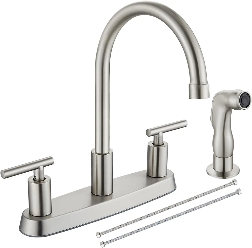 High Arc 360° Rotating Kitchen Faucet, 2-Handle, 8' Centerset, with Side Sprayer, Brushed Nickel