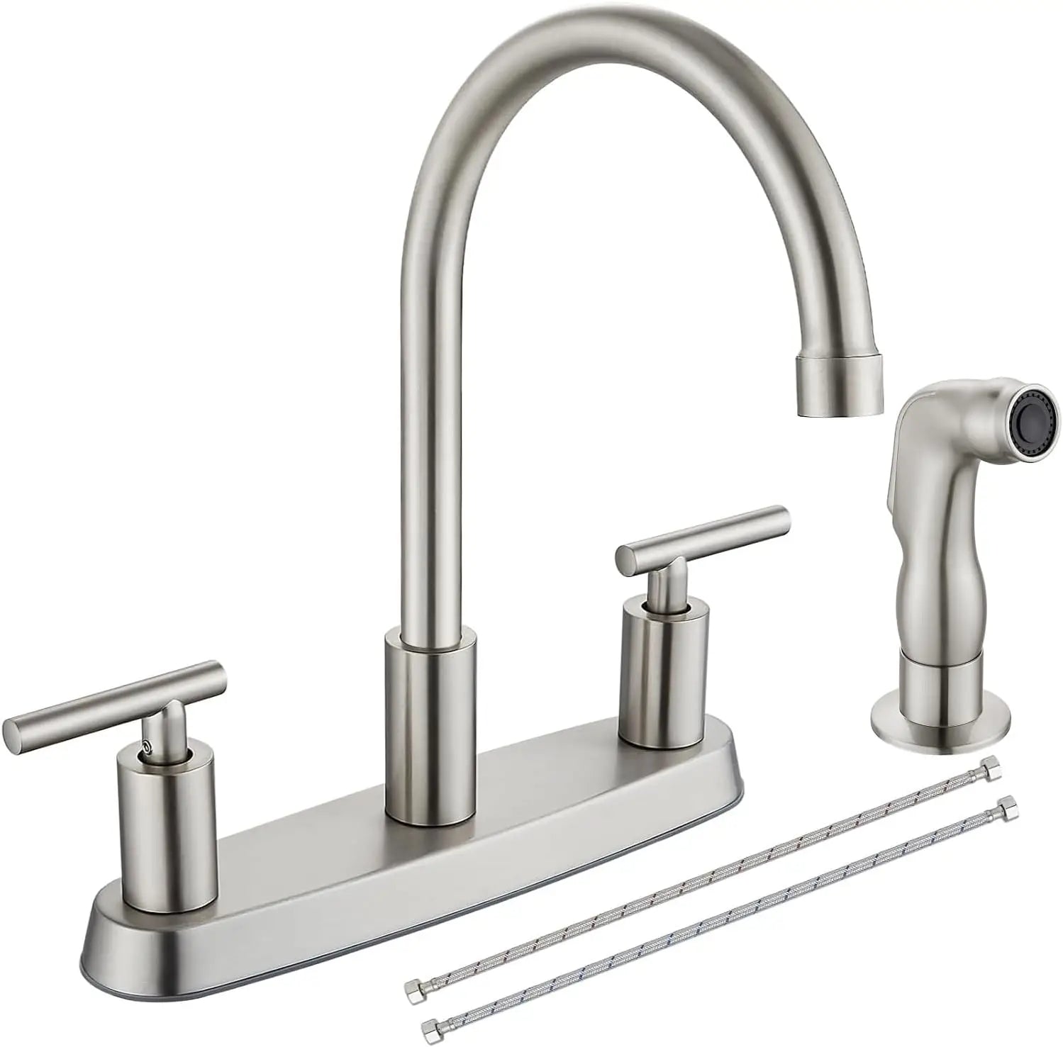 High Arc 360° Rotating Kitchen Faucet, 2-Handle, 8' Centerset, with Side Sprayer, Brushed Nickel