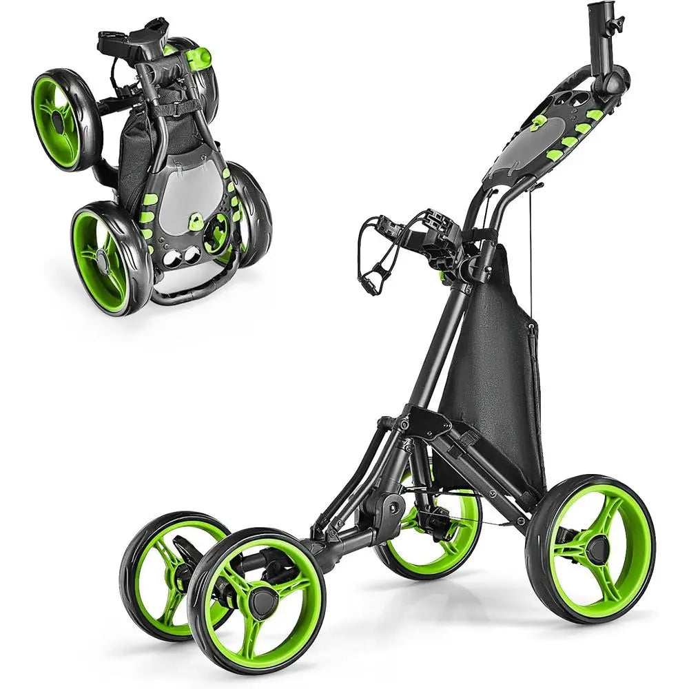 Compact Folding Golf Trolley with Scorecard Holder, Cup, Umbrella, and Bag Support, Cooler Bag, Elastic Strap, Foot Brake, Adjus