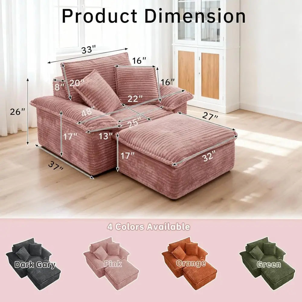 Chaise Lounge Chair Indoor, Oversized Corduroy Upholstered BonelSoa Couch, Cloud-Like Soa Bed with Ottoman or Living Room and Be